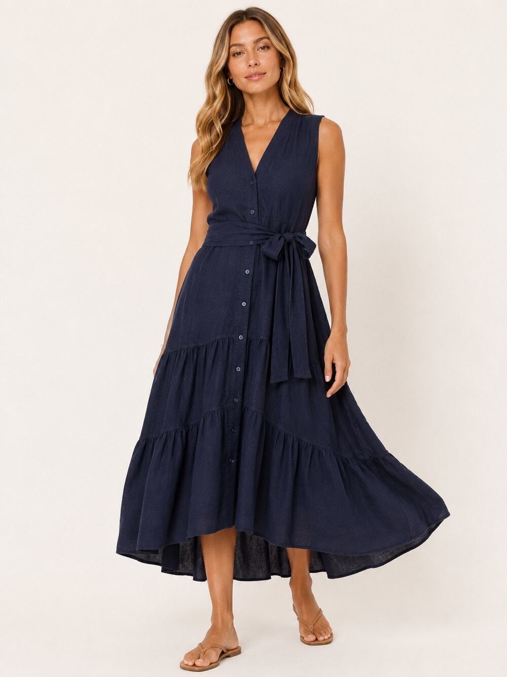 Nicole Miller Navy Linen Tiered Tie Waist Button Front Maxi Dress Size M Coastal